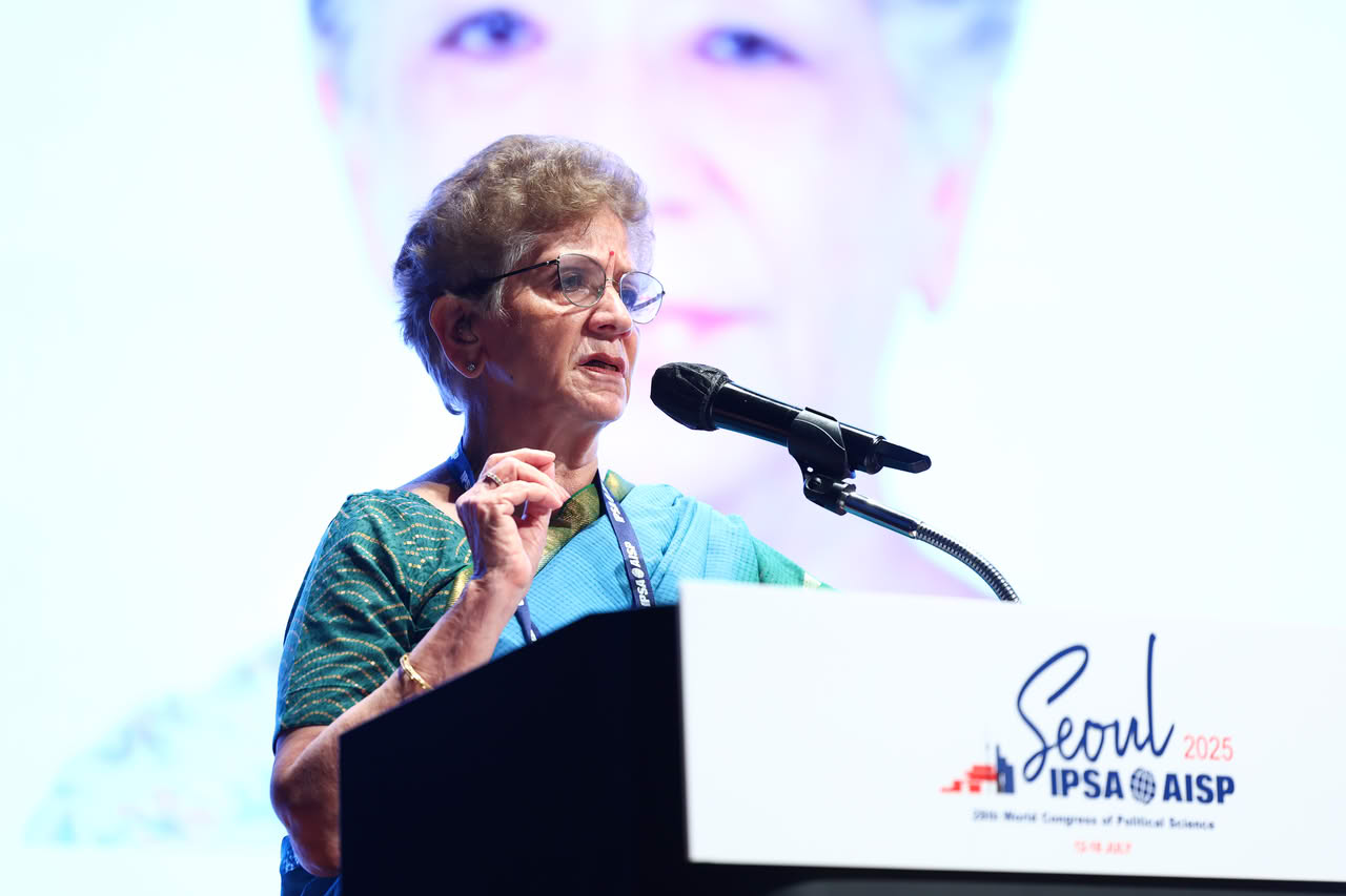 Neera Chandhoke delivers her plenary address on the final day of the IPSA World Congress in Seoul.