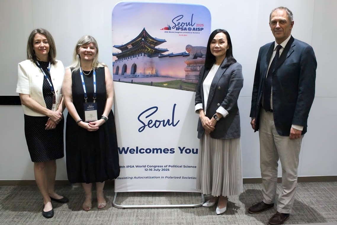 Photo (left to right): IPSA Executive Director Kim Fontaine-Skronski, ECPR Chair Daniela Irrera, IPSA President Yuko Kasuya, and WC2027 Local Organizing Committee Co-Chair Raffaele Marchetti. 